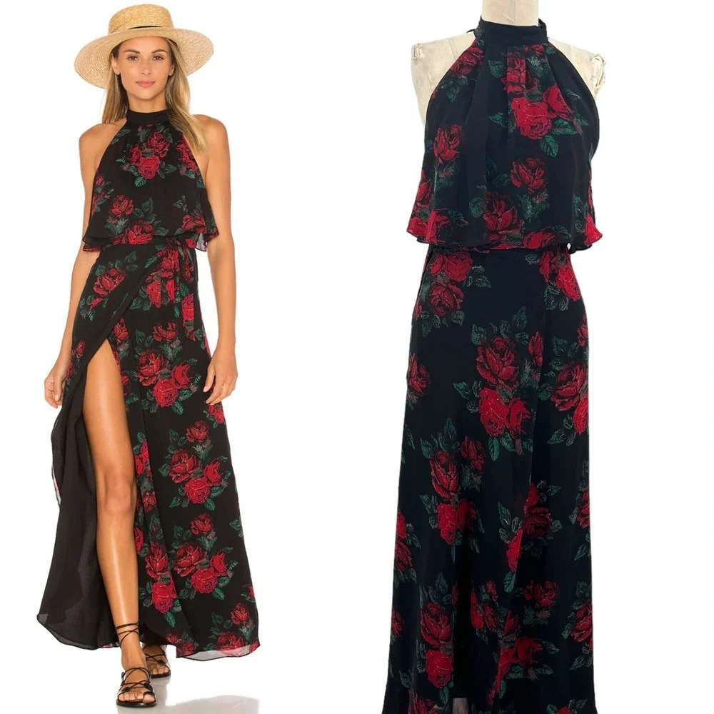 Lovers + Friends Golden Ray Maxi Dress Black Red Floral Rose Print Size Small
